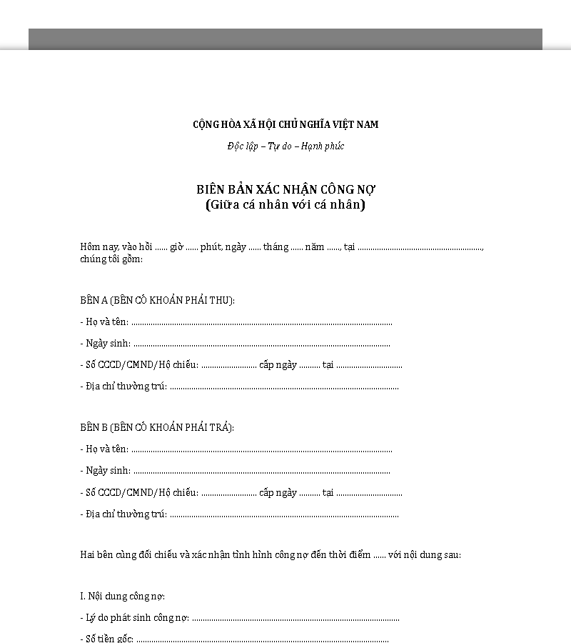 Mẫu biên bản xác nhận công nợ cá nhân với cá nhân