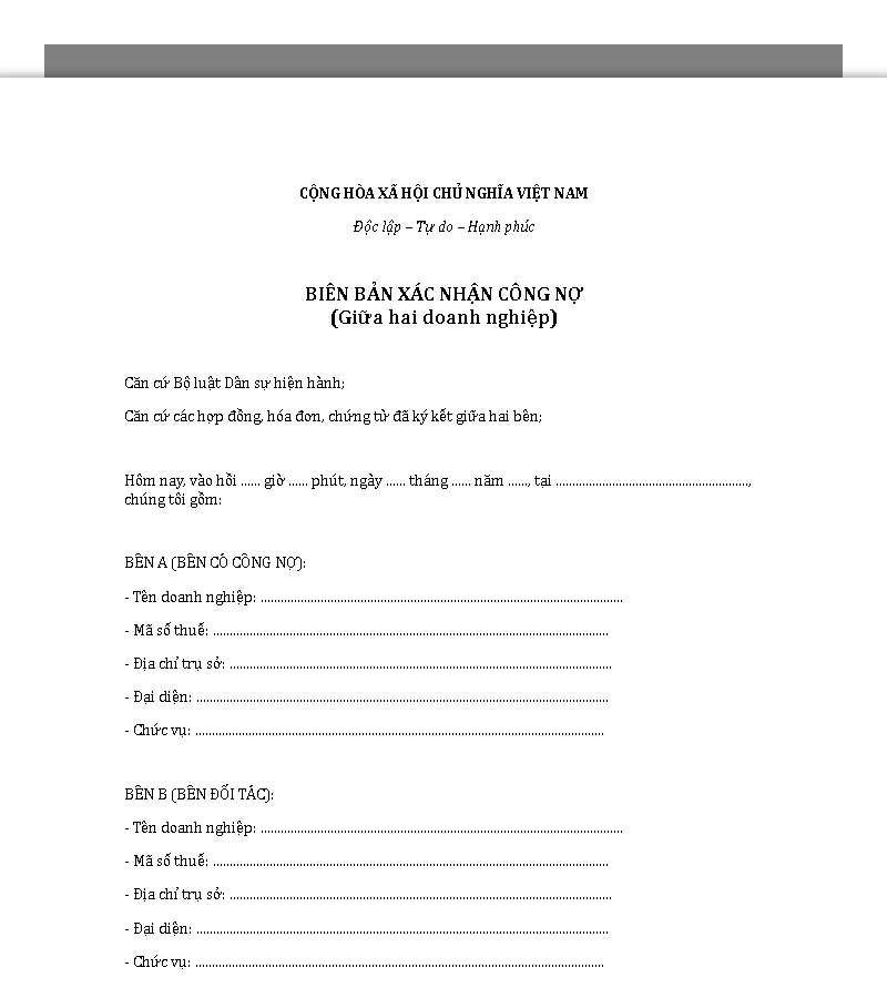 Mẫu biên bản xác nhận công nợ hai doanh nghiệp