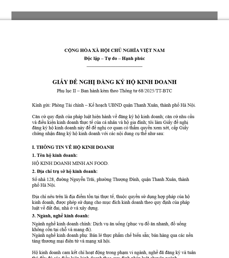 Mẫu đơn đăng ký hộ kinh doanh bản mẫu