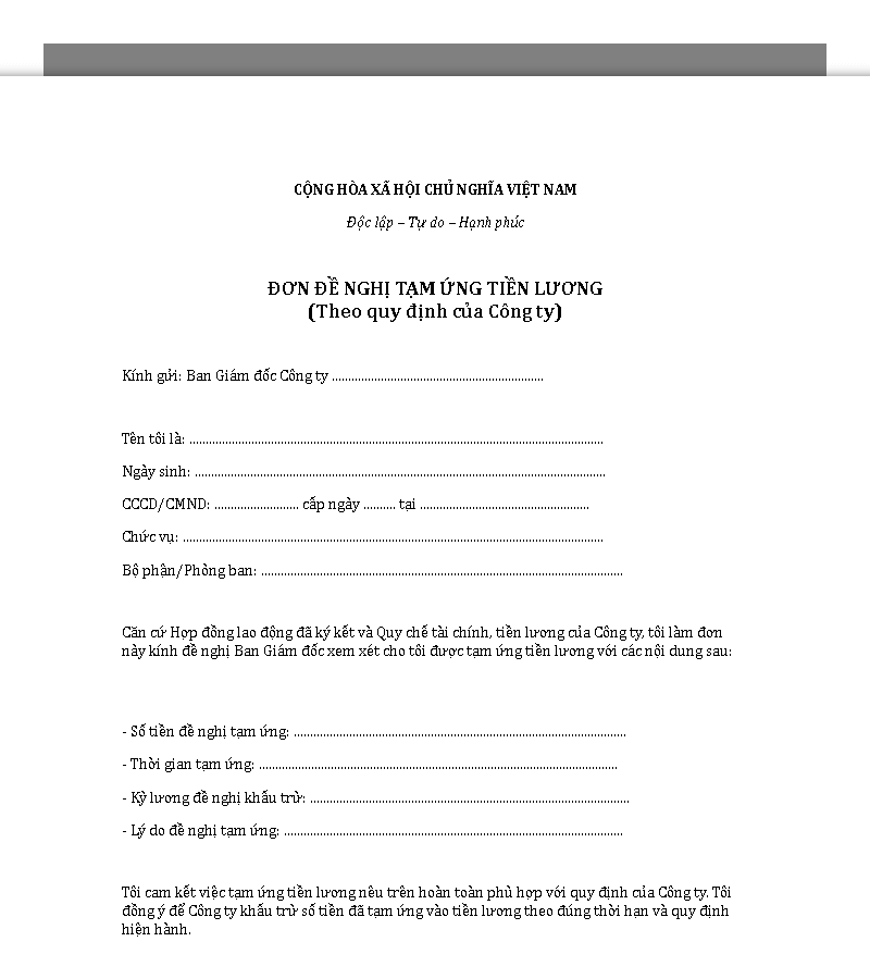 Mẫu đơn đề nghị tạm ứng tiền lương theo quy định công ty