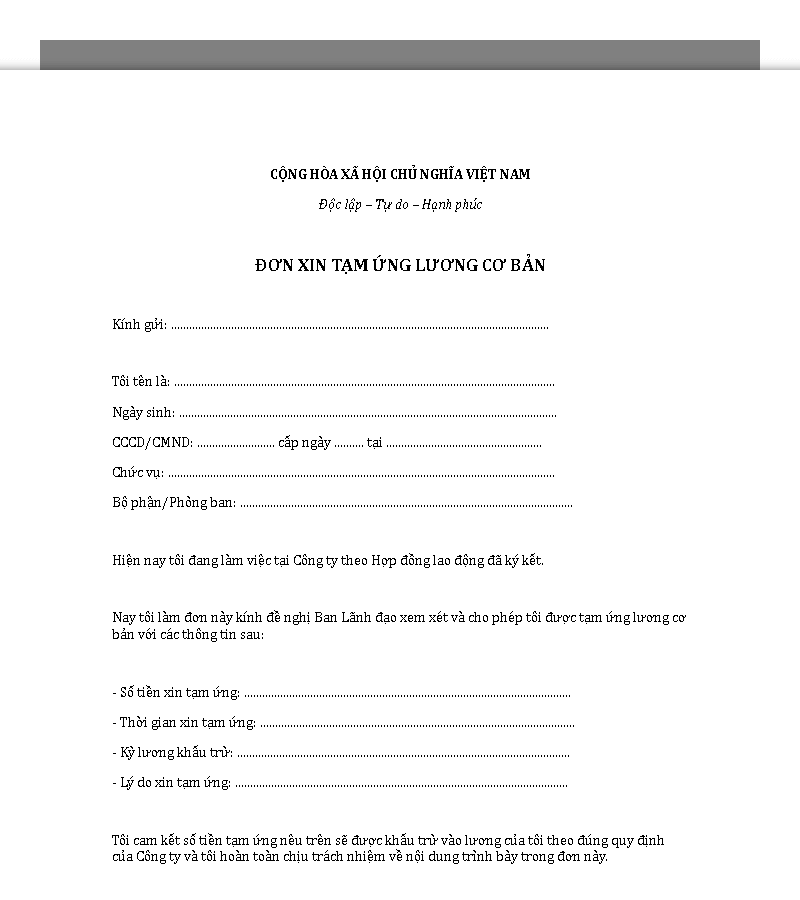Mẫu đơn xin tạm ứng lương cơ bản chuẩn