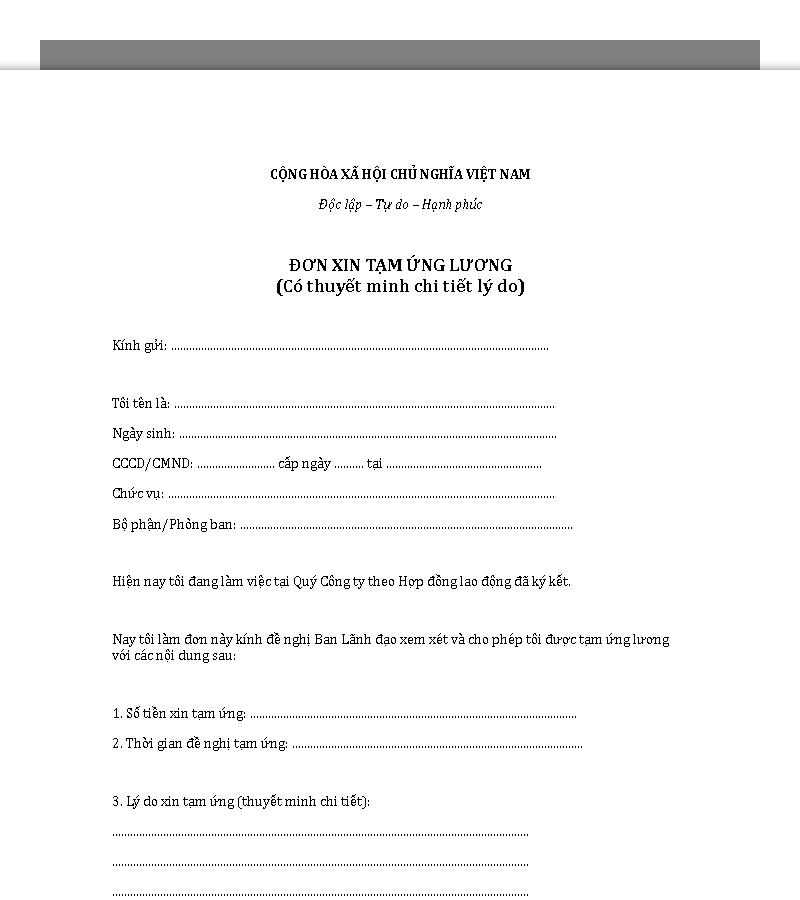 Mẫu đơn xin tạm ứng lương có thuyết minh lý do