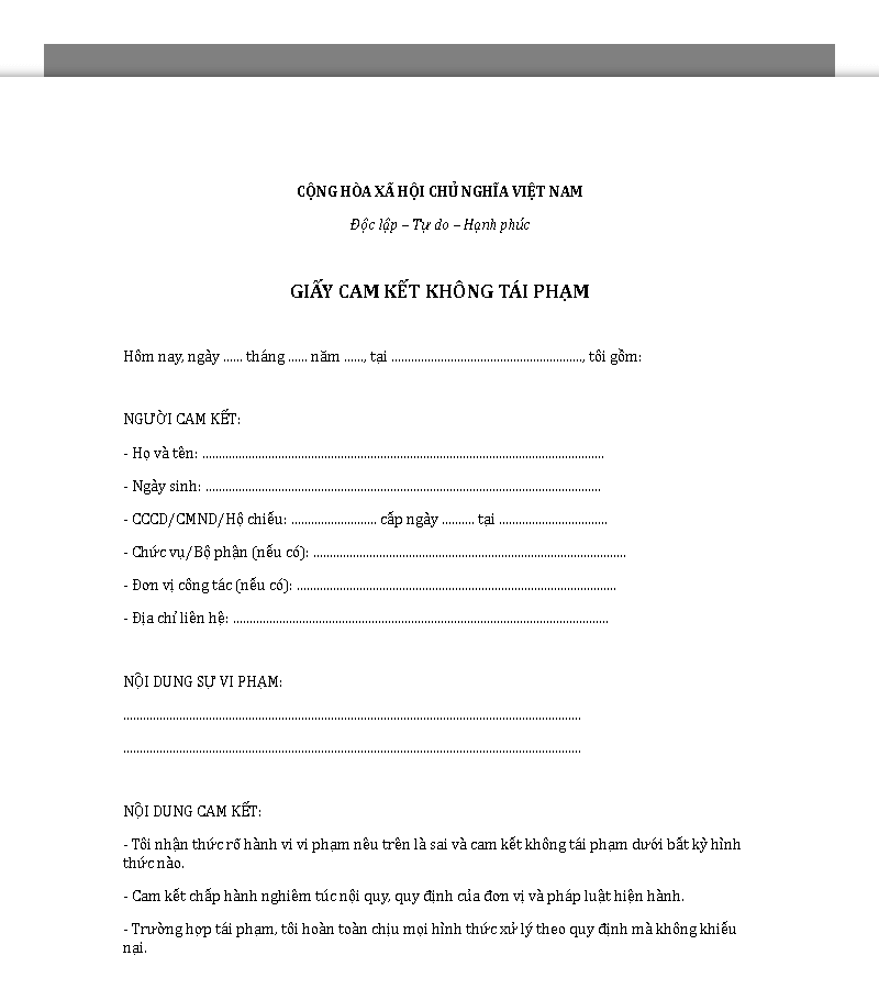 Mẫu giấy cam kết không tái phạm