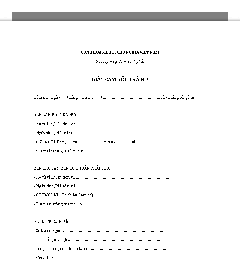 Mẫu giấy cam kết trả nợ