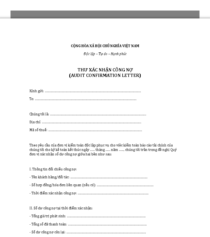 Mẫu thư xác nhận công nợ kiểm toán
