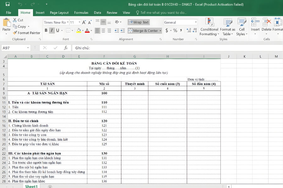 Mẫu bảng cân đối kế toán theo thông tư 133