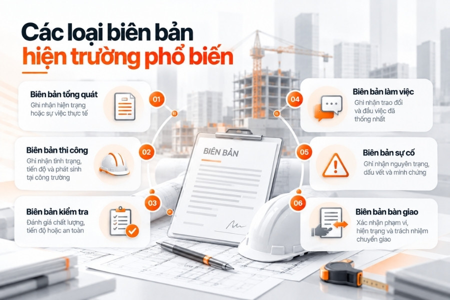 Các loại biên bản hiện trường phổ biến và mục đích sử dụng tương ứng.