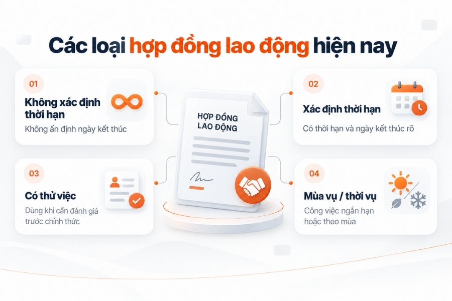 Infographic tổng hợp 4 loại hợp đồng lao động phổ biến hiện nay từ 1Office.