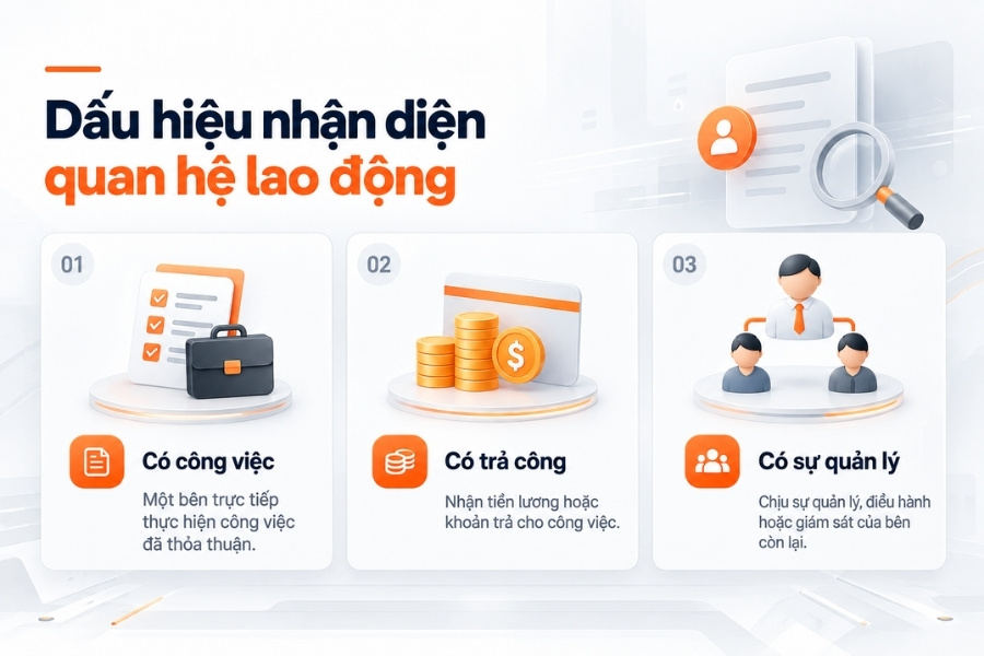Infographic sơ đồ 3 dấu hiệu cơ bản nhận diện quan hệ lao động chuẩn pháp lý từ 1Office.