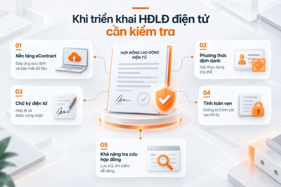 Infographic sơ đồ 5 nội dung trọng tâm cần rà soát trong hợp đồng lao động từ 1Office.
