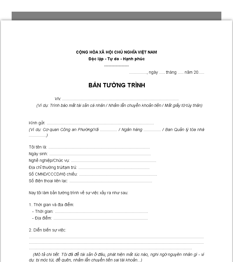 Mẫu tường trình sự việc cá nhân, mất tài sản, nhầm lẫn