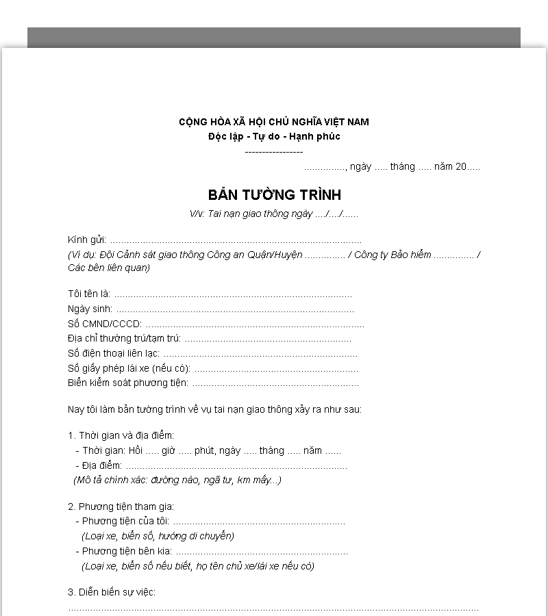 Mẫu tường trình tai nạn giao thông