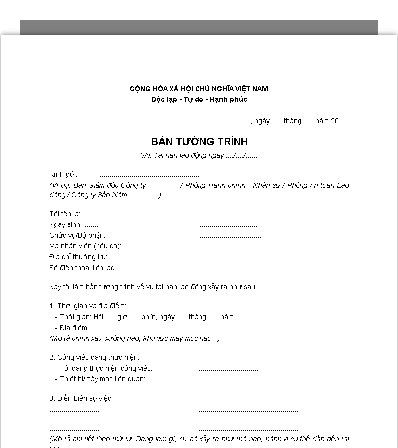 Mẫu tường trình tai nạn lao động