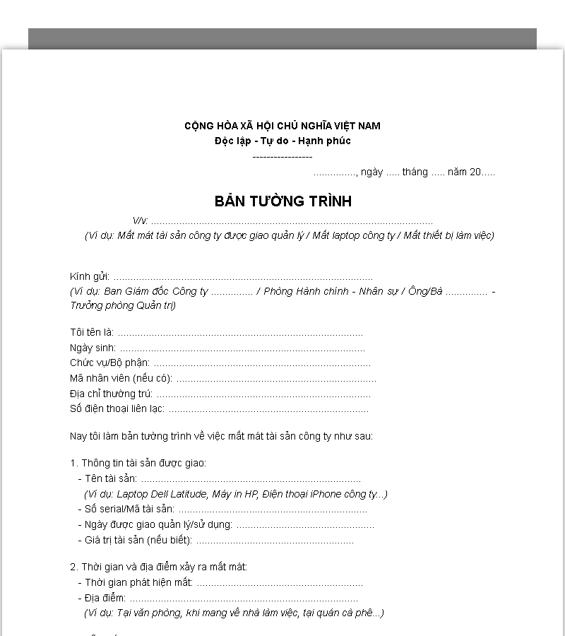 Mẫu tường trình mất mát tài sản công ty