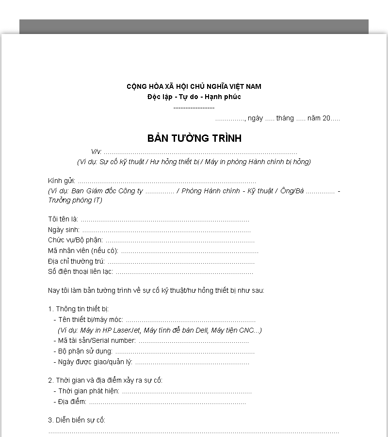 Mẫu tường trình sự cố kỹ thuật hư hỏng thiết bị