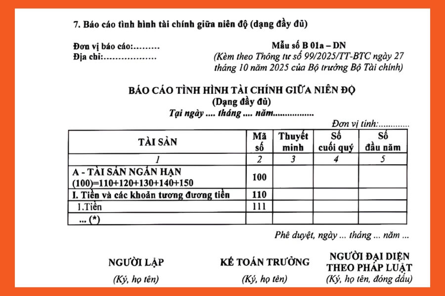 Mẫu báo cáo tài chính theo thông tư 99 áp dụng cho năm tài chính 2026 trở đi