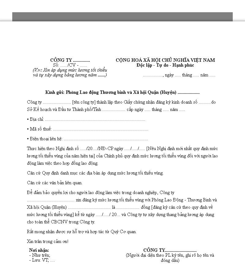 Mẫu công văn đề nghị đăng ký bảng lương