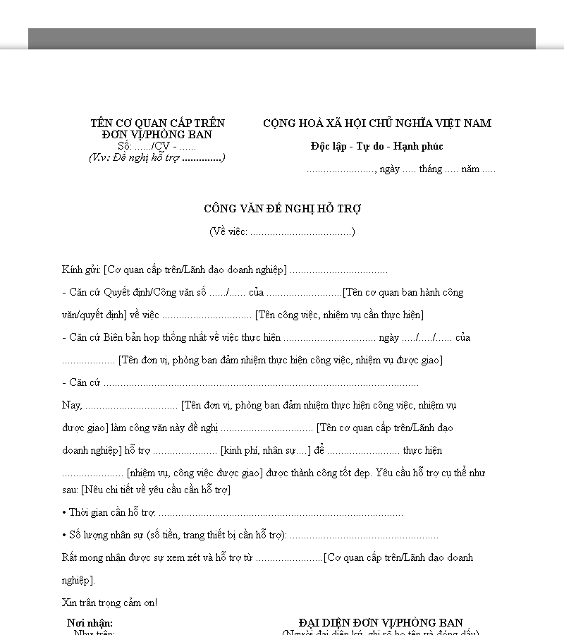 Mẫu công văn đề nghị hỗ trợ
