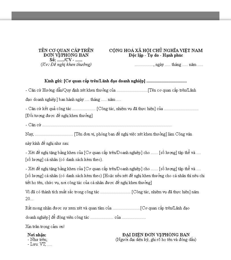 Mẫu công văn đề nghị khen thưởng