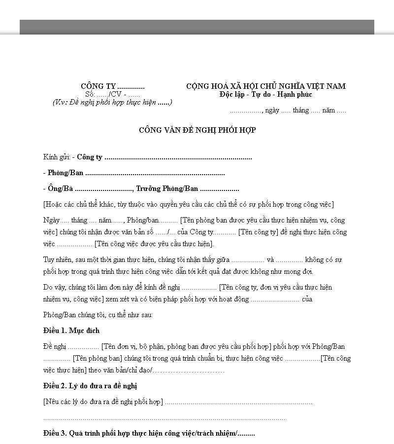 Mẫu công văn đề nghị phối hợp thực hiện