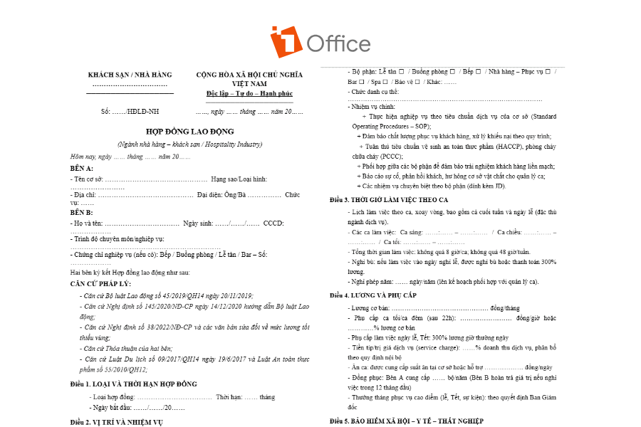 Mẫu hợp đồng lao động Ngành Nhà hàng, Khách sạn & Retail