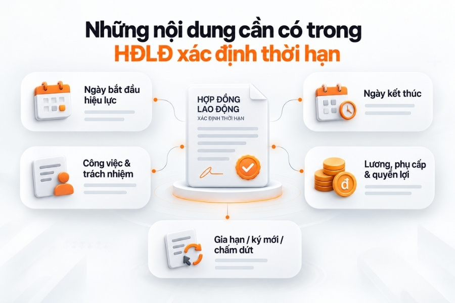 Infographic tổng hợp 5 điều khoản bắt buộc phải có trong hợp đồng lao động xác định thời hạn từ 1Office.