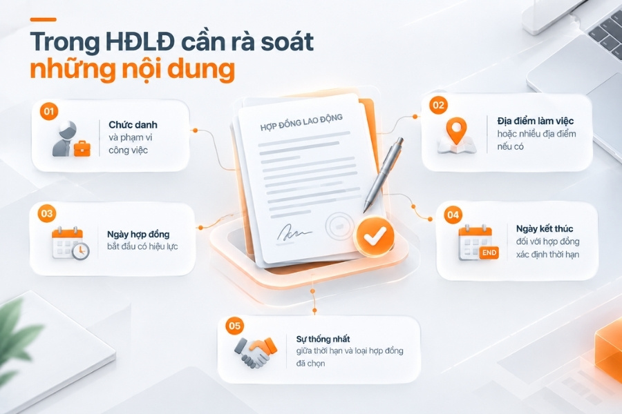 Infographic sơ đồ 5 nội dung trọng tâm cần rà soát trong hợp đồng lao động từ 1Office.