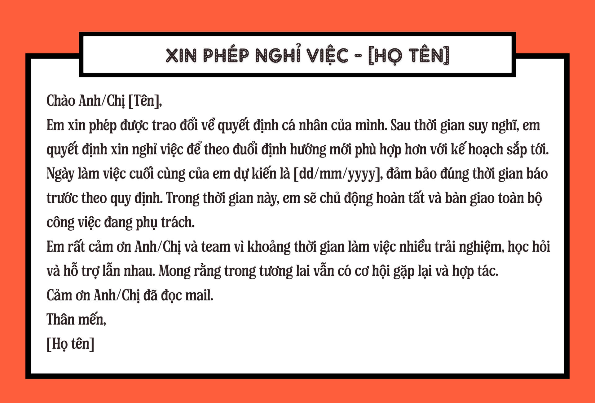 Mẫu mail xin nghỉ việc dùng cho môi trường trẻ, startup