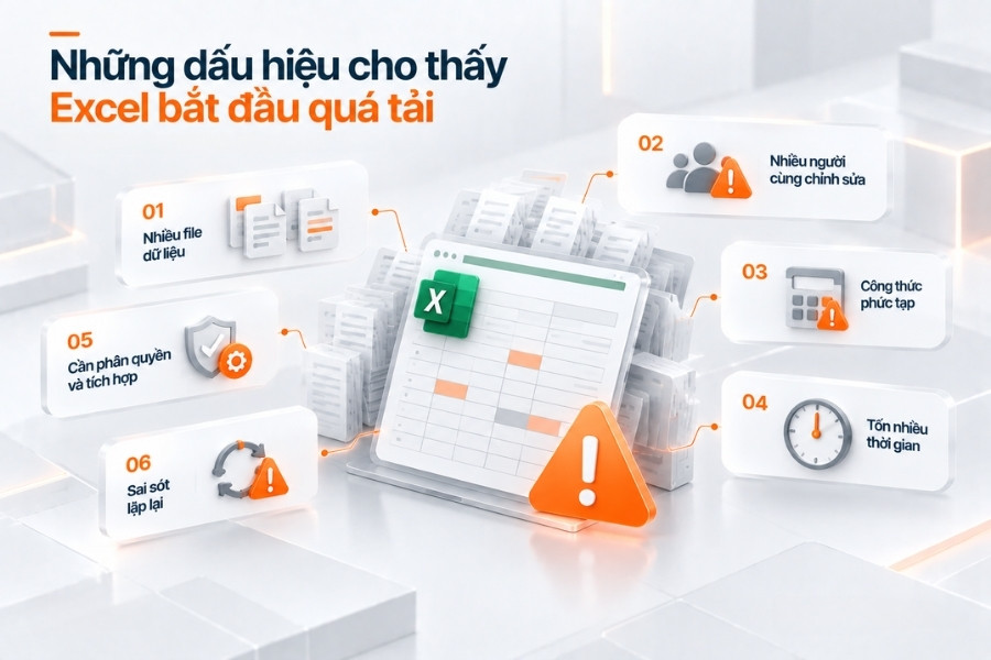 Infographic tổng hợp 6 dấu hiệu cho thấy hệ thống file Excel bắt đầu quá tải trong quản lý nhân sự và tính lương