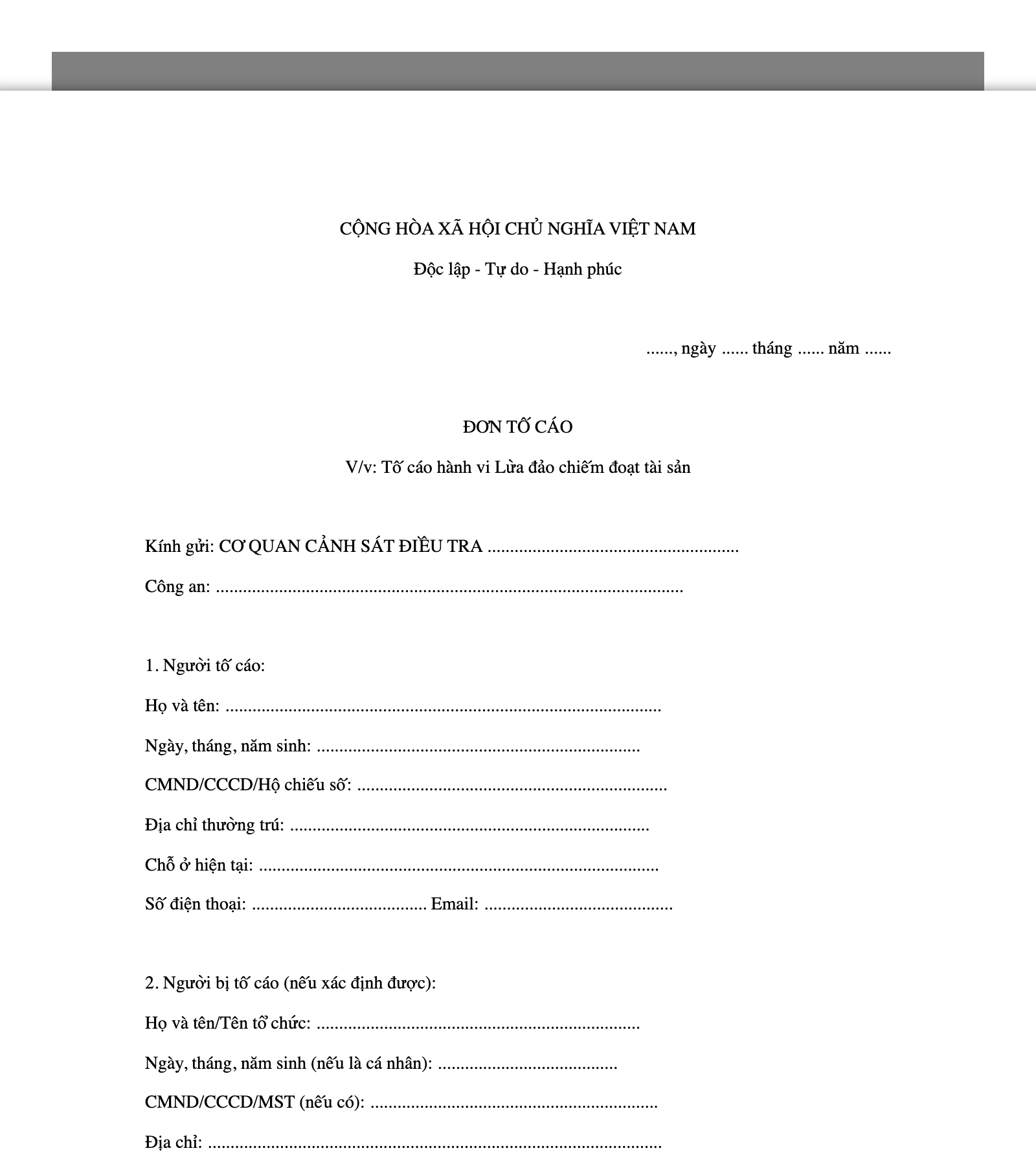 Mẫu Đơn Tố Cáo Lừa Đảo Chiếm Đoạt Tài Sản