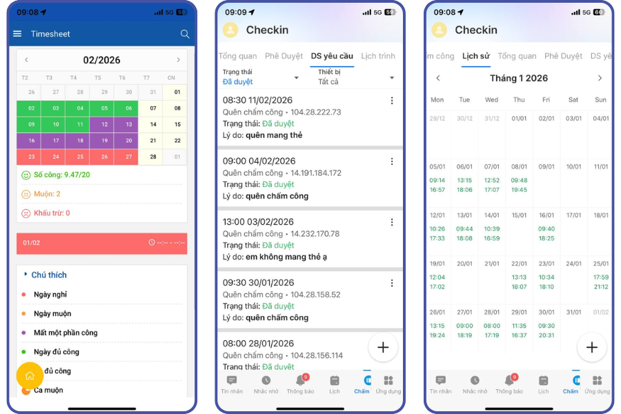 Giao diện mobile của phần mềm chấm công Base Checkin