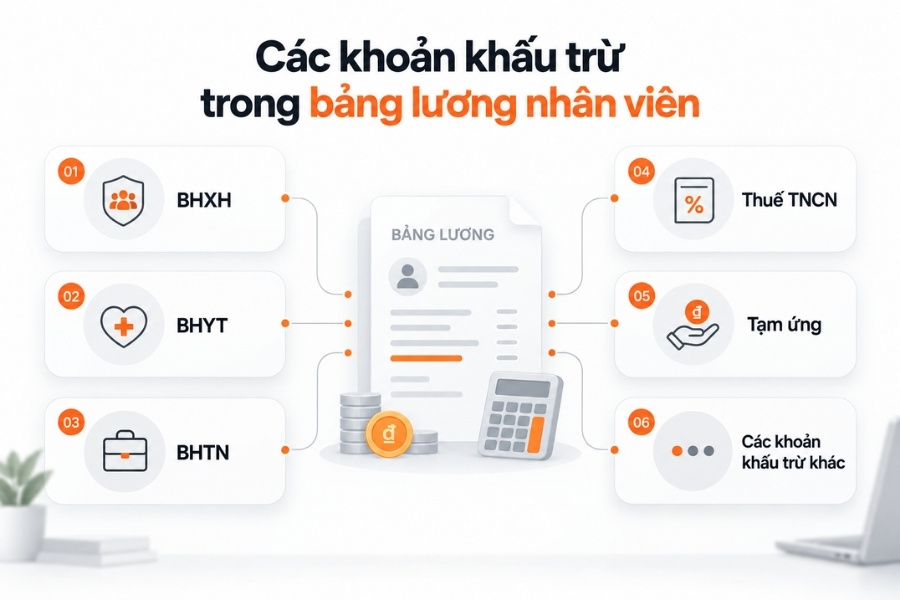 Infographic tổng hợp 6 khoản khấu trừ trong bảng lương nhân viên
