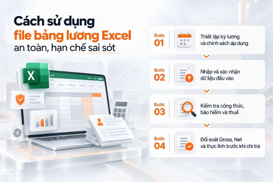 Infographic sơ đồ 4 bước hướng dẫn cách sử dụng file bảng lương Excel an toàn và hạn chế sai sót