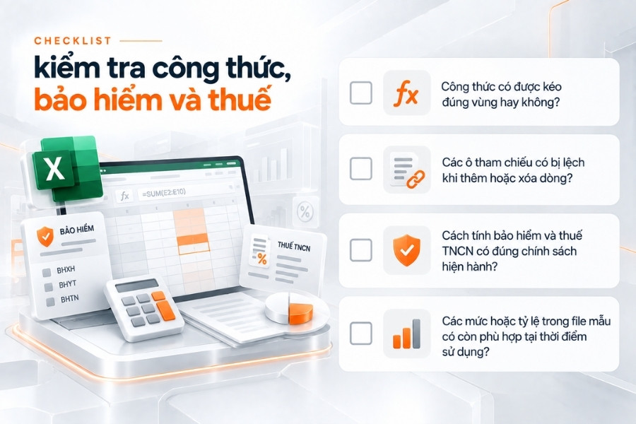 Infographic checklist 4 tiêu chí kiểm tra công thức, bảo hiểm và thuế TNCN trên file bảng lương
