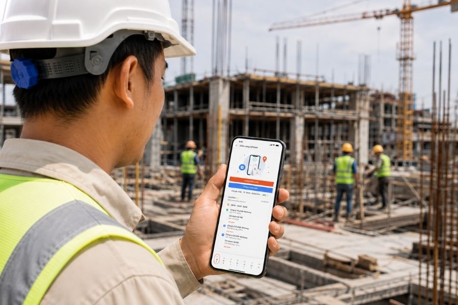 Kỹ sư công trình thực hiện chấm công định vị GPS trên điện thoại di động tại công trường xây dựng.