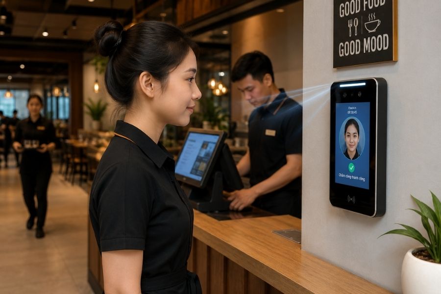 Nhân viên ngành dịch vụ F&B thực hiện chấm công bằng khuôn mặt tại điểm bán qua máy nhận diện khuôn mặt treo tường.