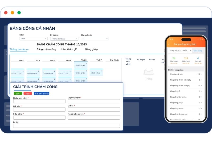 Giao diện xem bảng công cá nhân và tạo giải trình chấm công trên máy tính cùng ứng dụng di động EasyHRM.