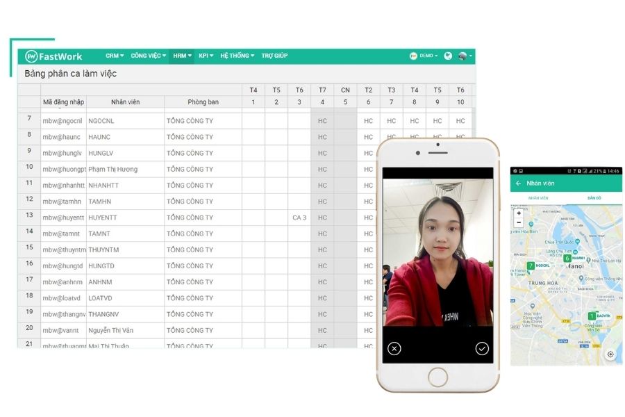 Giao diện bảng phân ca làm việc và tính năng chấm công khuôn mặt bằng GPS trên điện thoại di động của FastWork.