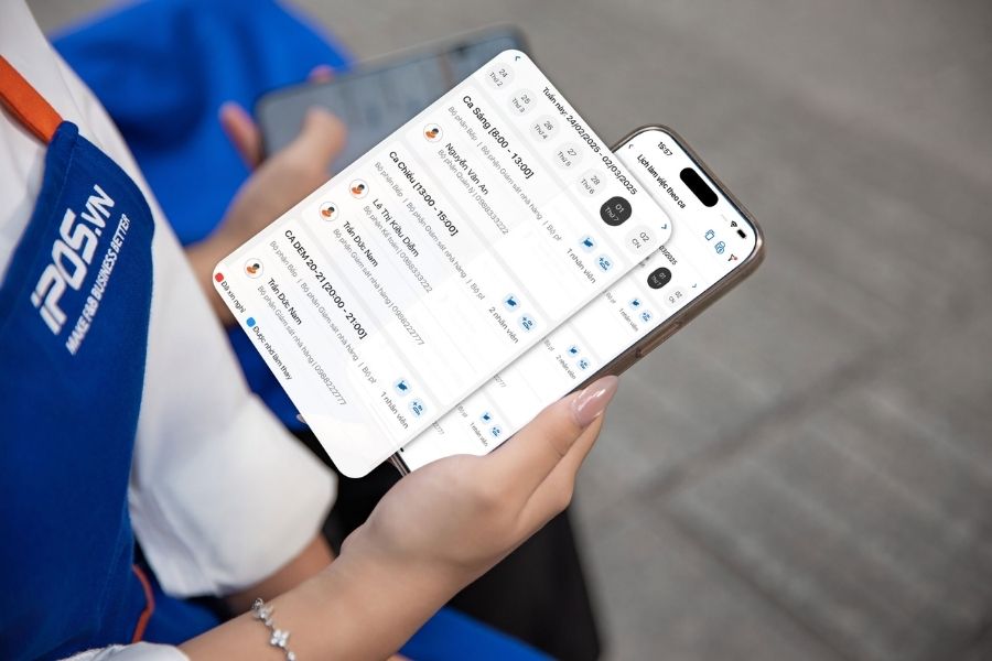 Giao diện xem lịch làm việc theo ca trên ứng dụng di động iPOS HRM dành riêng cho nhân viên ngành F&B.