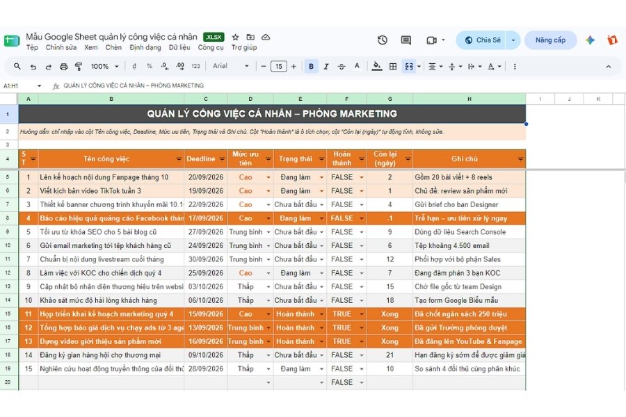 Mẫu Google Sheets quản lý công việc cá nhân phòng Marketing với giao diện theo dõi tiến độ chi tiết từ 1Office.