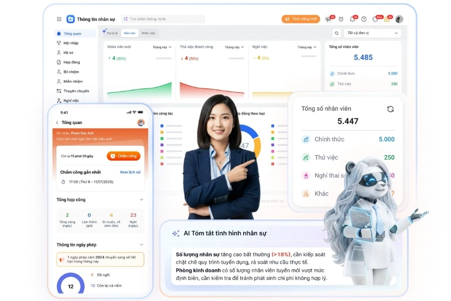 Giao diện giải pháp quản trị nhân sự MISA AMIS tích hợp AI tóm tắt tình hình nhân sự và chấm công trên điện thoại.