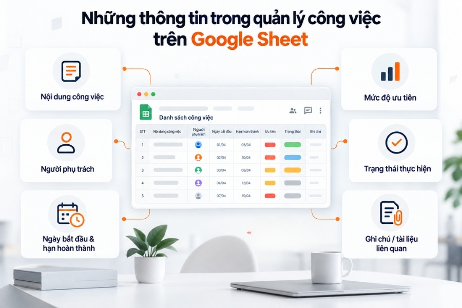 Infographic sơ đồ 6 nhóm thông tin cần có trong bảng quản lý công việc trên Google Sheets từ 1Office.