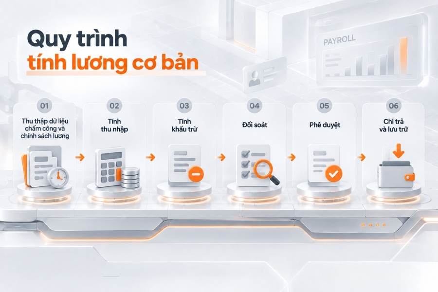 Infographic sơ đồ 6 bước hướng dẫn quy trình tính lương cơ bản trong doanh nghiệp