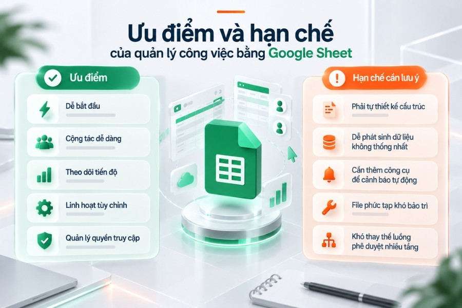 Infographic bảng so sánh ưu điểm và hạn chế của việc quản lý công việc bằng Google Sheets từ 1Office.