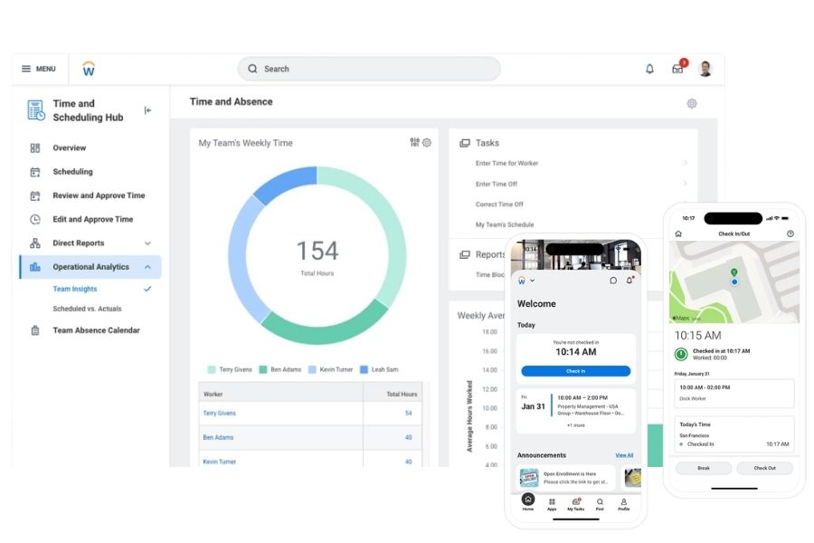 Giao diện quản lý thời gian, lịch làm việc và ứng dụng check-in vị trí trên hệ thống Workday HCM.