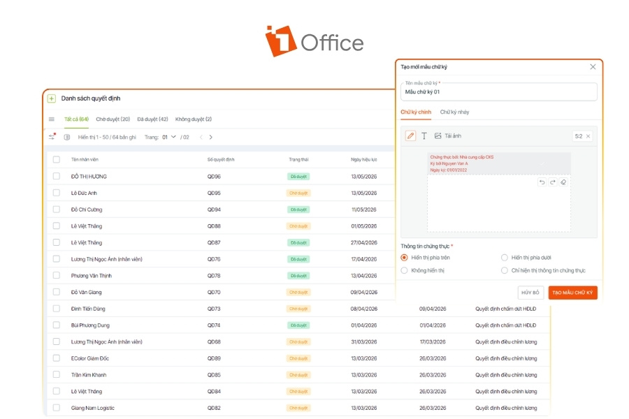 Hình ảnh minh họa giao diện phần mềm 1Office hiển thị danh sách quyết định nội bộ và cửa sổ tạo mẫu chữ ký điện tử, giúp doanh nghiệp quản lý văn bản, phê duyệt và ký số tập trung.