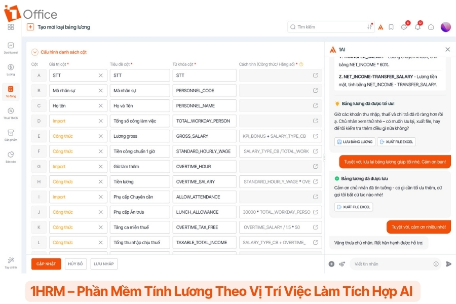 Giao diện phần mềm 1HRM tính lương của 1Office
