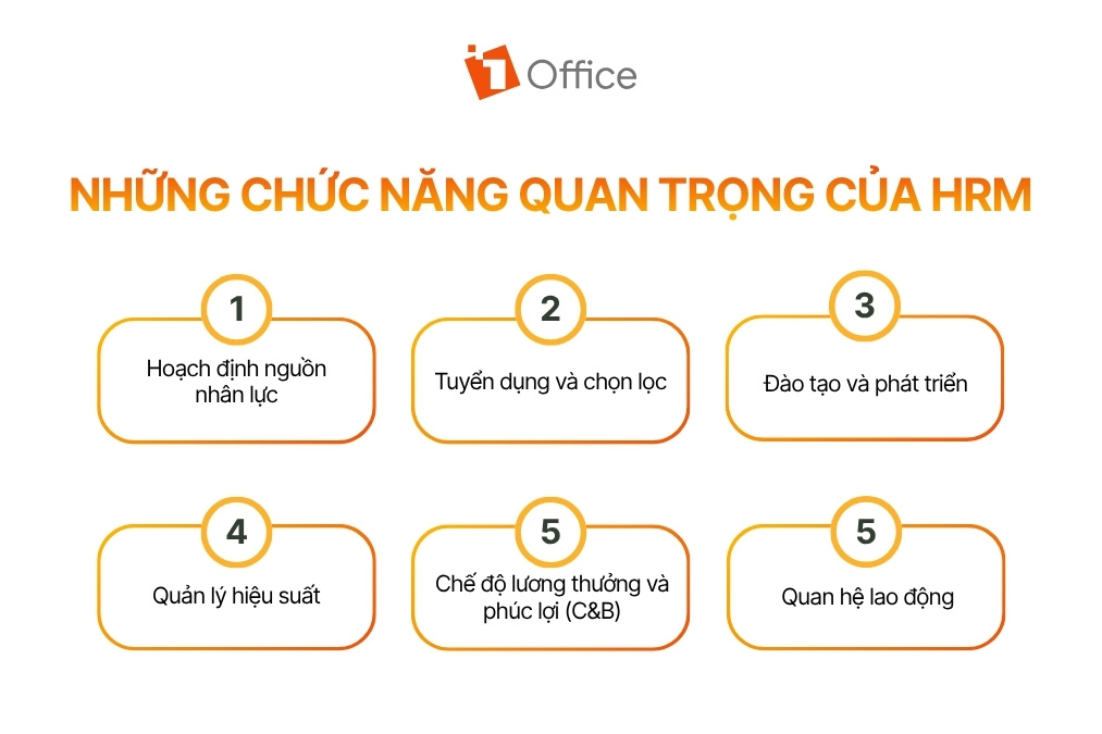 Infographic tổng hợp các chức năng quan trọng của hệ thống HRM gồm hoạch định nguồn nhân lực, tuyển dụng và chọn lọc ứng viên, đào tạo phát triển nhân sự, quản lý hiệu suất, quản lý lương thưởng – phúc lợi (C&B) và quan hệ lao động. Nội dung giúp doanh nghiệp hình dung đầy đủ các nghiệp vụ nhân sự cần được quản lý tập trung và hiệu quả.