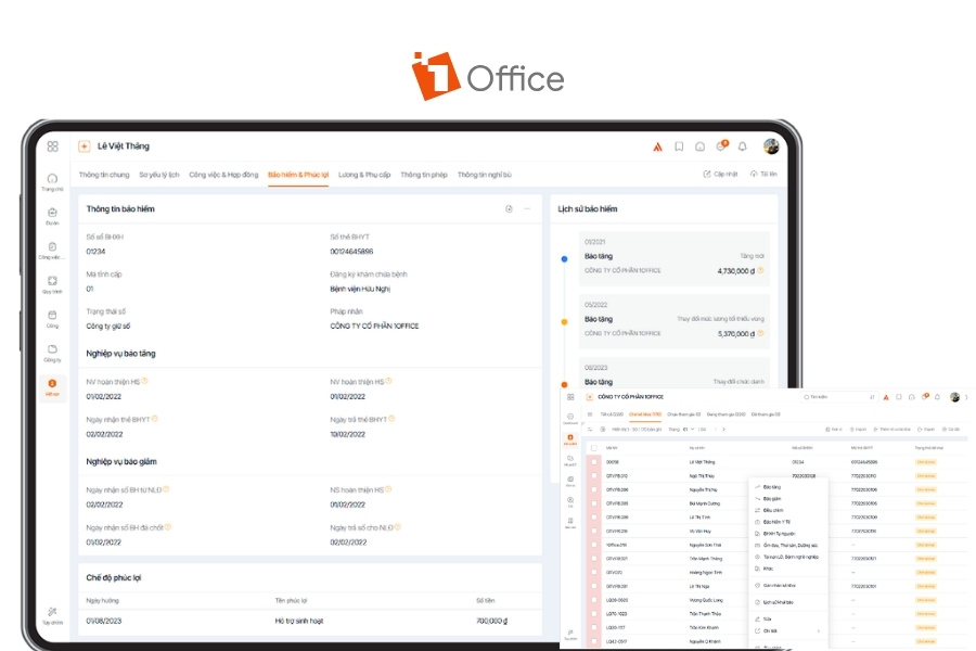 Giao diện 1Office HRM số hóa hồ sơ nhân sự và quản lý thông tin bảo hiểm.