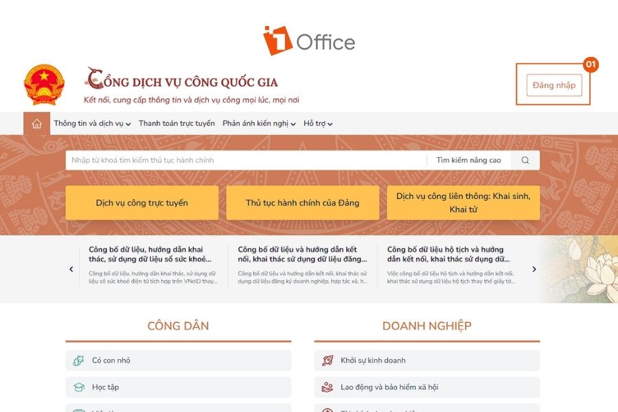 màn hình trang Cổng Dịch vụ công Quốc gia